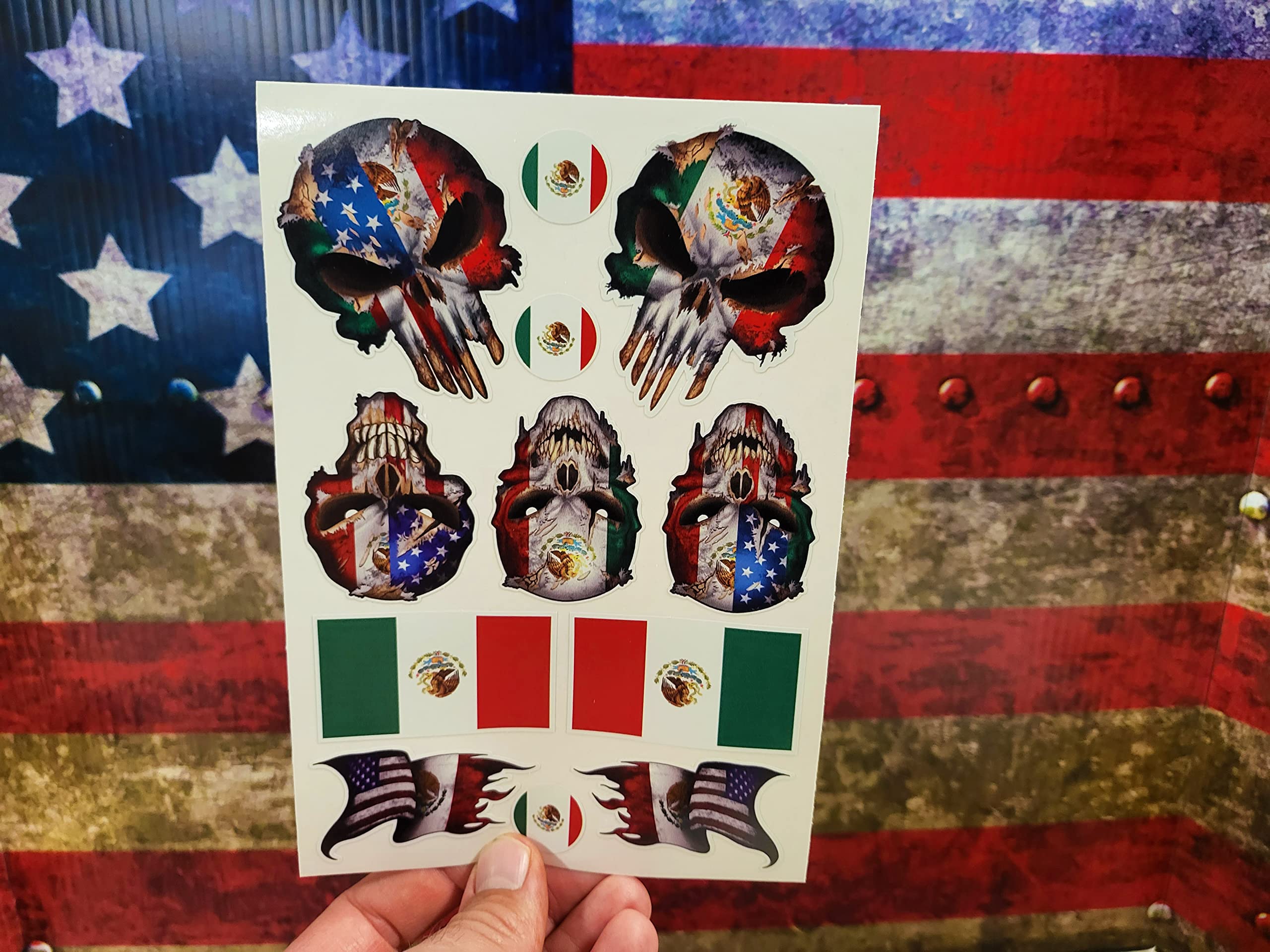 12 Mexican Skull Mexico American Flag 3M Sticker Decal Latino USA Country Pride - for car Truck Window Bumper Phone case Computer Laptop - Free Decals with Every Order!