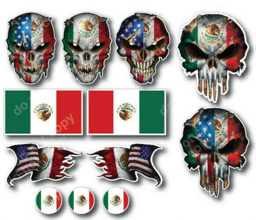 12 Mexican Skull Mexico American Flag 3M Sticker Decal Latino USA Country Pride - for car Truck Window Bumper Phone case Computer Laptop - Free Decals with Every Order!