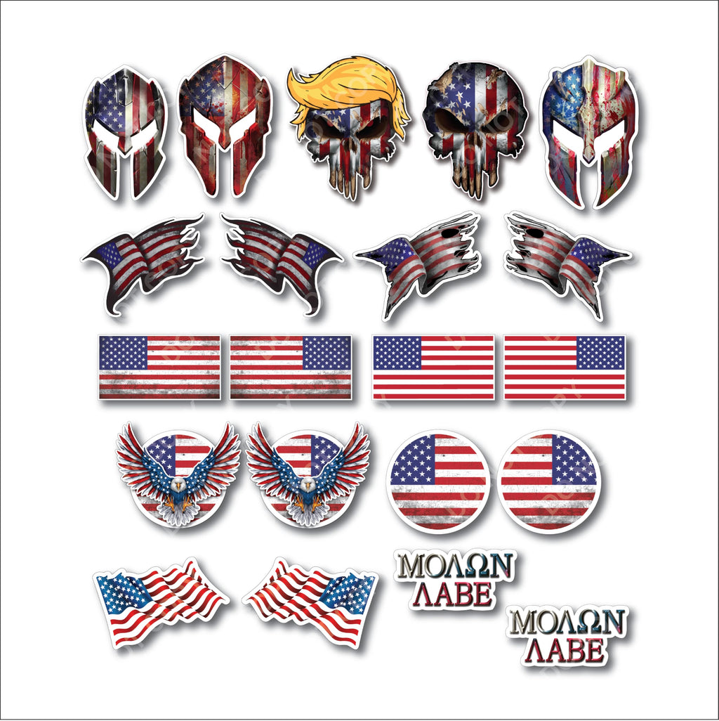 21 Pack Hard Hat Patriotic American USA Flag Decal Sticker Combo Variety Pack 3M Vinyl Peel and Stick Signs