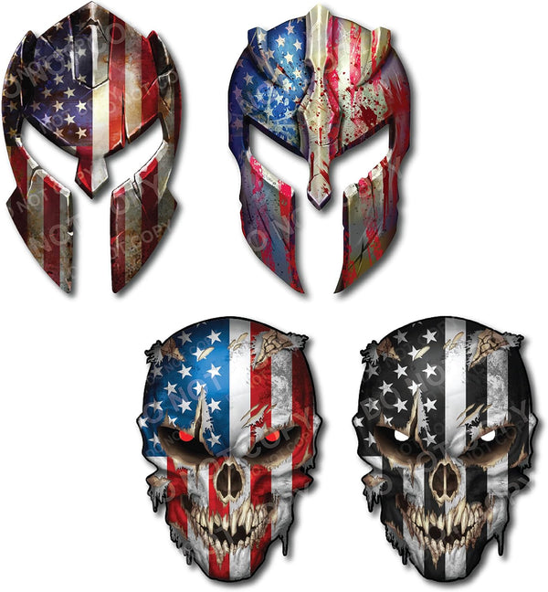 Variety Pack of Small Spartan Helmet Skull Molon Labe Decal Sticker Sniper USA Flag (4 Pack)