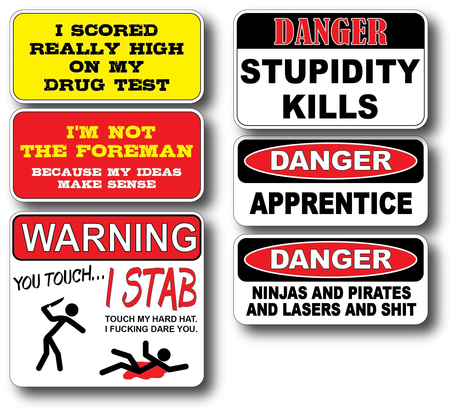 6 Pack of Hilarious crude humor Hard Hat Decals Stickers Toolbox Funny Offensive Prank LOL Construction