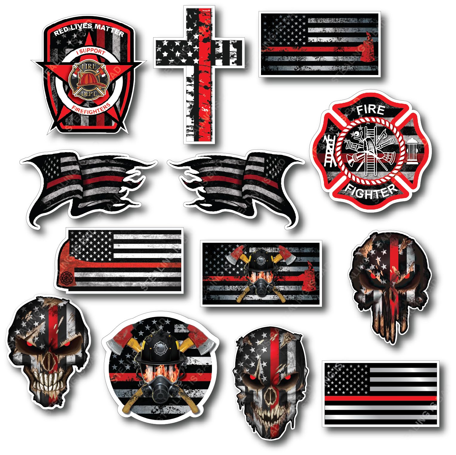Mega Variety Pack of 13 Thin Red Line Firefighter Stickers Fire Department Fire Truck Red Lives Matter Decal Sticker Car Truck RLM (13 Small Decals)