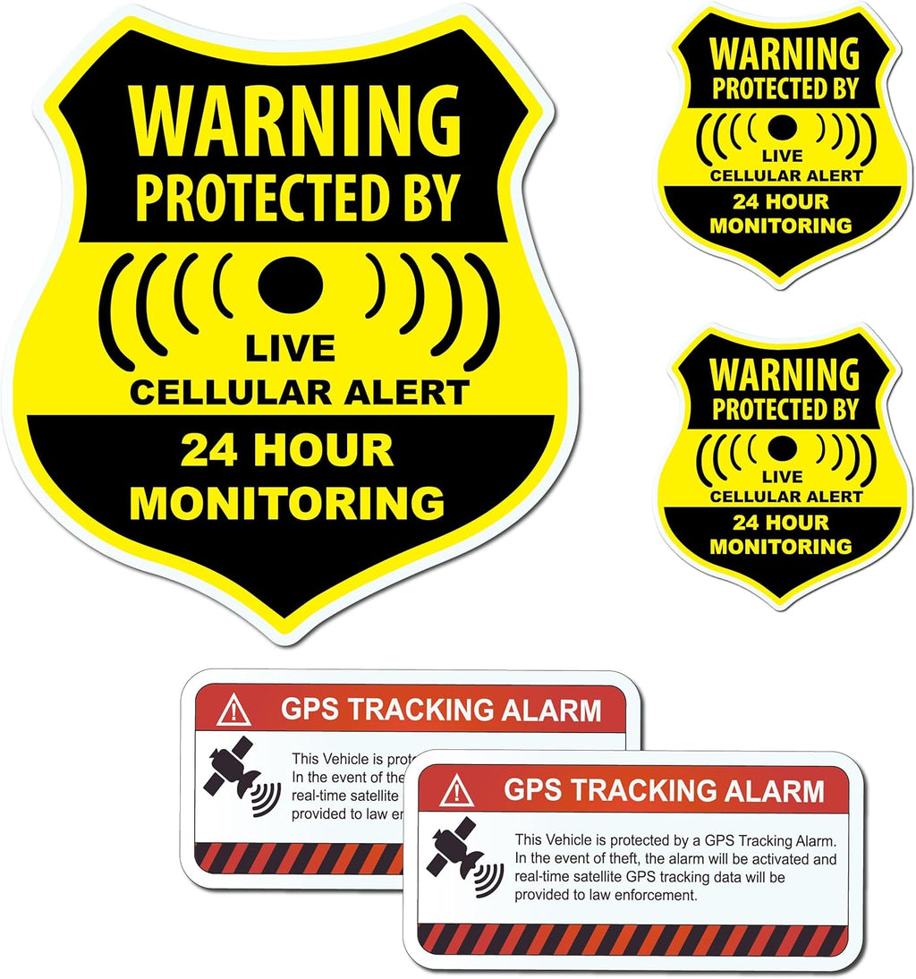 (5 Pack) Combination Pack of 24 Hour Monitoring - This Vehicle Protected by GPS Tracking Warning Signs - Decal Self Adhesive Sticker Vinyl Decal — UV Resistent
