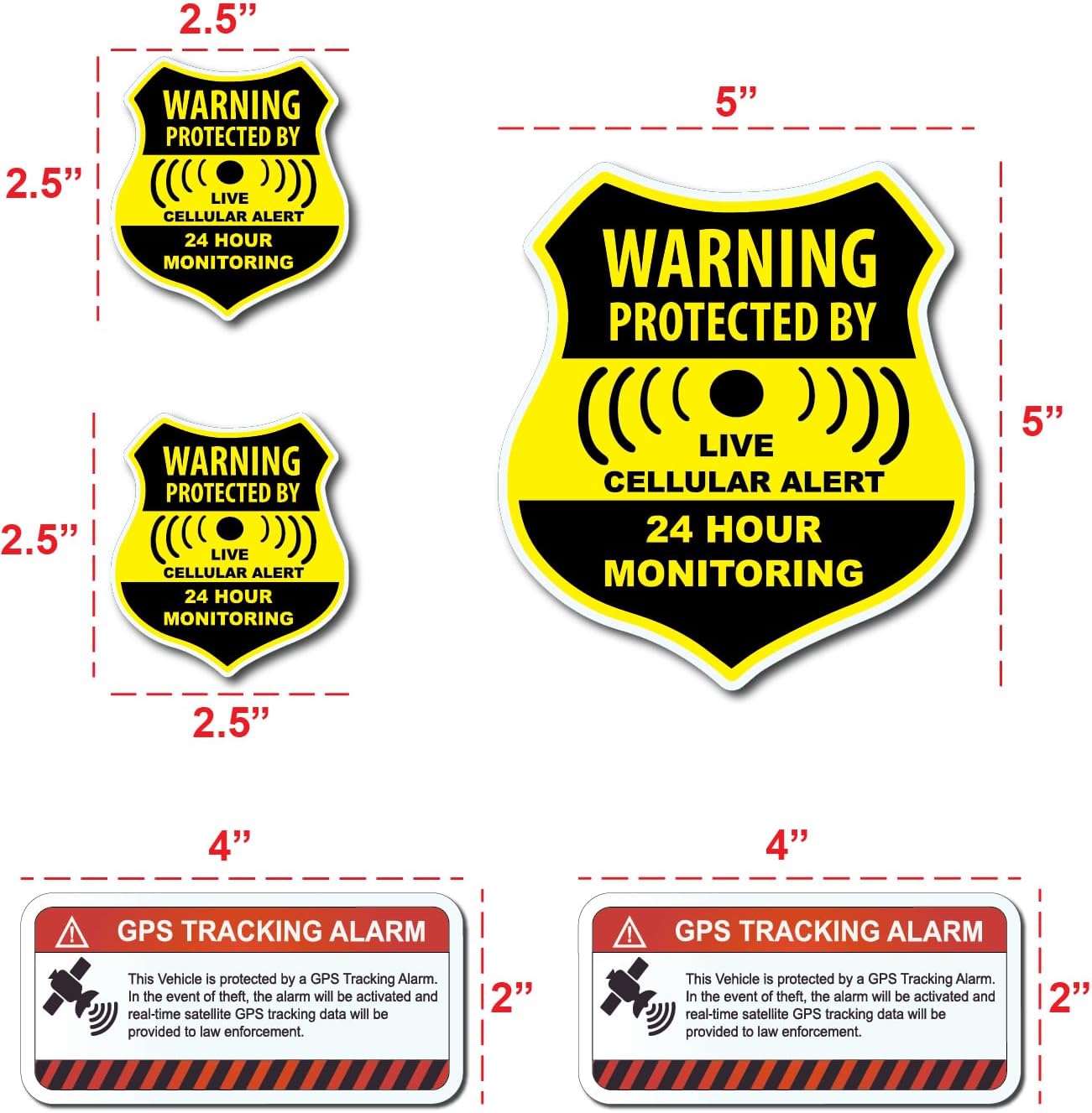 (5 Pack) Combination Pack of 24 Hour Monitoring - This Vehicle Protected by GPS Tracking Warning Signs - Decal Self Adhesive Sticker Vinyl Decal — UV Resistent