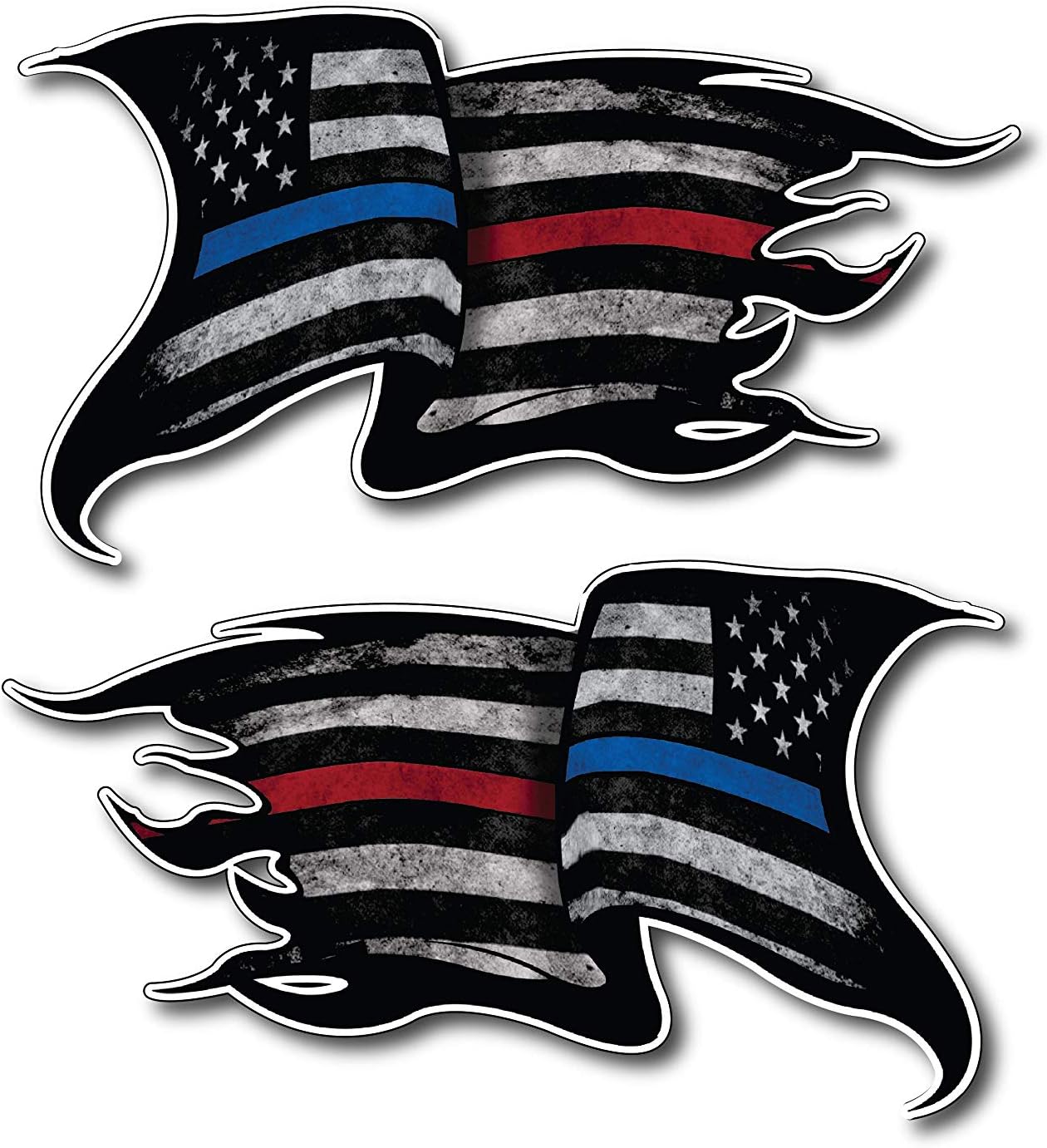 Pack of 2 THIN BLUE AND RED LINE to show support for Police and Firemen Decal Sticker Firefighter American Flag Vinyl Punisher Skull Tattered Distressed Fallen Officer Thin Blue Line Car Truck Graphic