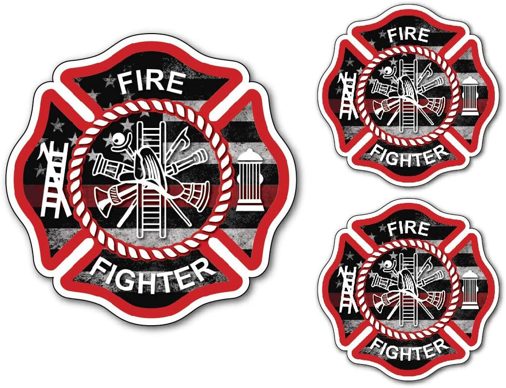 3 Pack Firefighter Sticker Decal Badge Maltese Cross Thin Red Line USA American Flag Red Lives Matter for Firemen or Firewomen for Cars Trucks Window Windshield SUV Motorcycle Auto