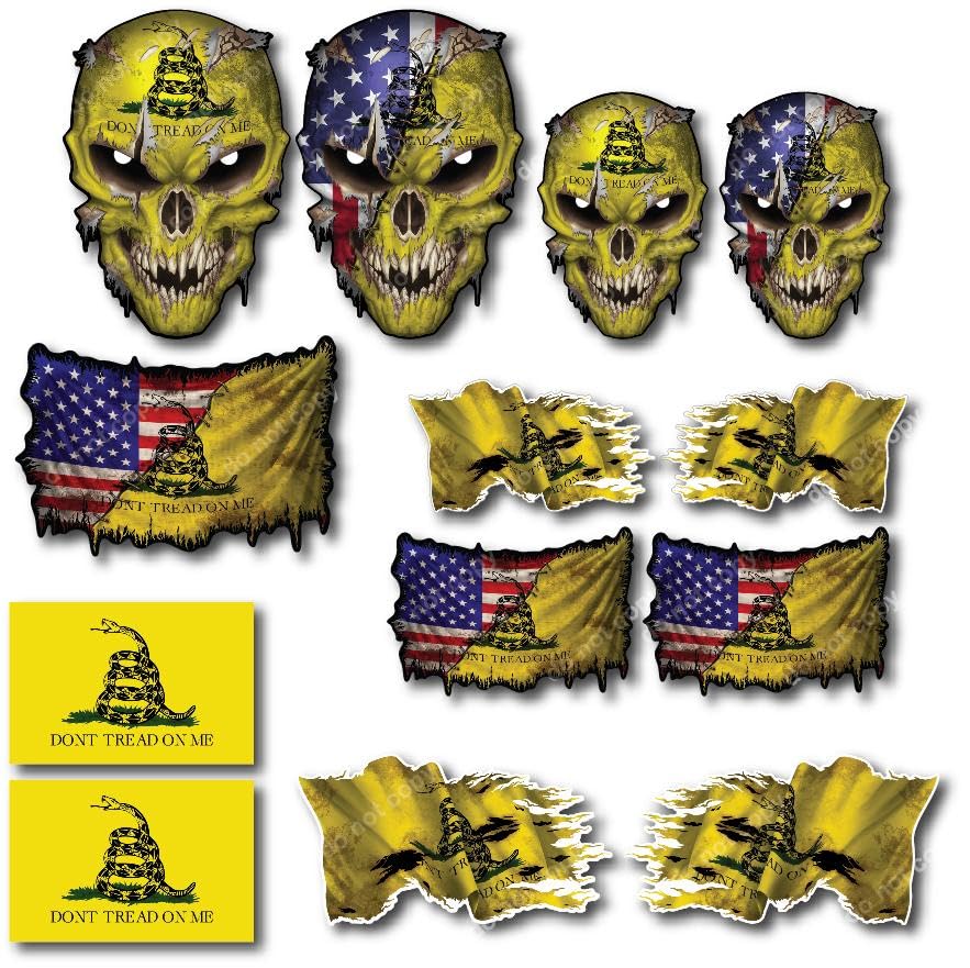 Decals by Haley 13 Pack Gadsden Skull and Flag Decal Combo Pack Don't Tread on Me Snake Flag Sticker American Flag Patriotic Design Reflective Eyes for Vehicle Exterior Decoration Truck Accessories