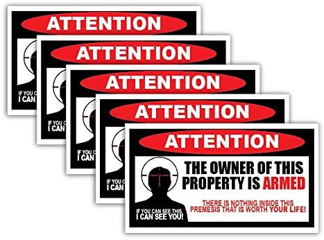 5 Pack of Owner is Armed Warning Stickers Decals Anti-Theft Security Burglar Alarm Peel and Stick Signs