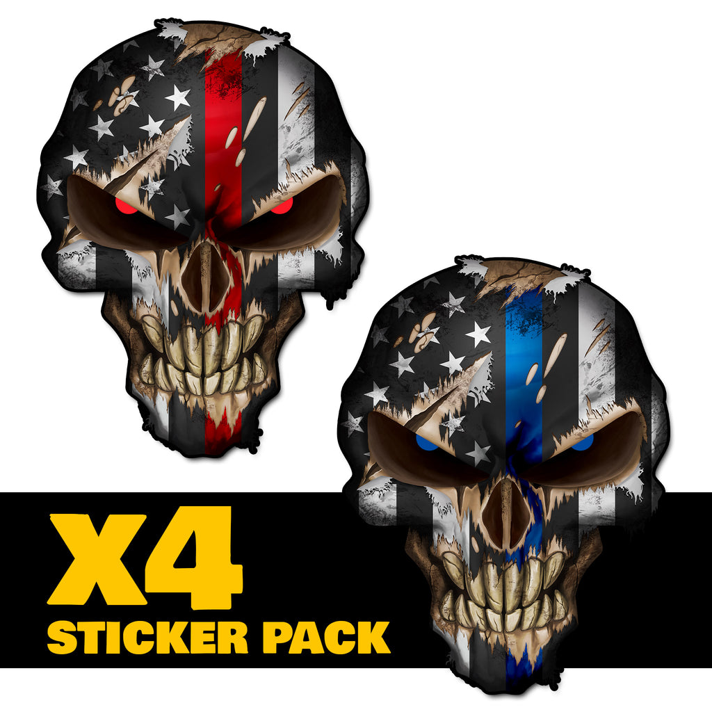 Sticker Pack - Thin Red Line Skull Small Pack of 4 Fire Fighters American Flag Vinyl Decal Sticker Car Truck