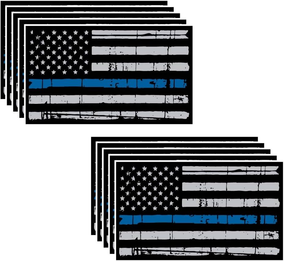 10 Pack Tattered Flag Thin Blue Line Police Officer BLM American Distressed Vinyl Decal Blue Lives Matter Sticker Car Truck 5.5" x 3" Grunge Flag