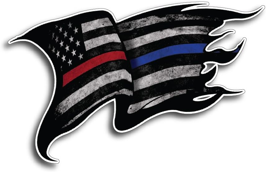 Tattered Waving Thin Red and Blue Line Police Officer Fireman Firefighter BLM American Flag Vinyl Distressed Decal Sticker Car Truck