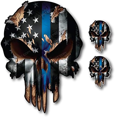 Sticker Pack - 3 Pack Thin LINE Skull American Flag Police Officer Blue Lives Matter Sniper Vinyl Decal Stickers Car Truck Sniper Marines Army Navy Military Graphic