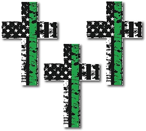 Decals by Haley Thin Green Line 3 Pack Cross I Support The Military Decal Sticker American Flag Car Truck (3 Pack)