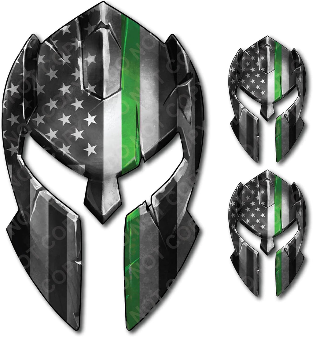 Decals by Haley 3 Pack Thin Green Line Spartan Helmet Decal Distressed Tattered USA Gladiator American Flag Sticker Gun 2nd Amendment Molon Labe