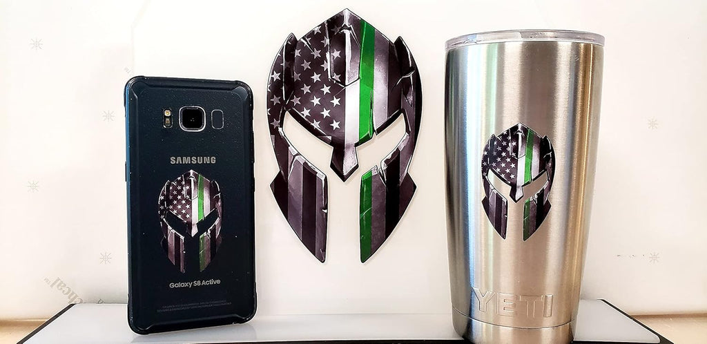 Decals by Haley 3 Pack Thin Green Line Spartan Helmet Decal Distressed Tattered USA Gladiator American Flag Sticker Gun 2nd Amendment Molon Labe