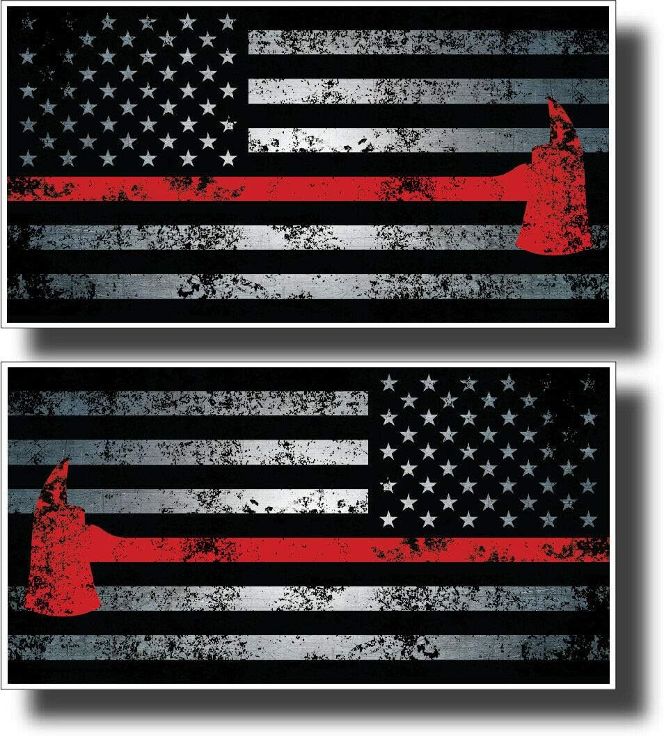 2 Thin Red Line Firefighter Firemen Helmet Axe American Flag Vinyl Decal Sticker