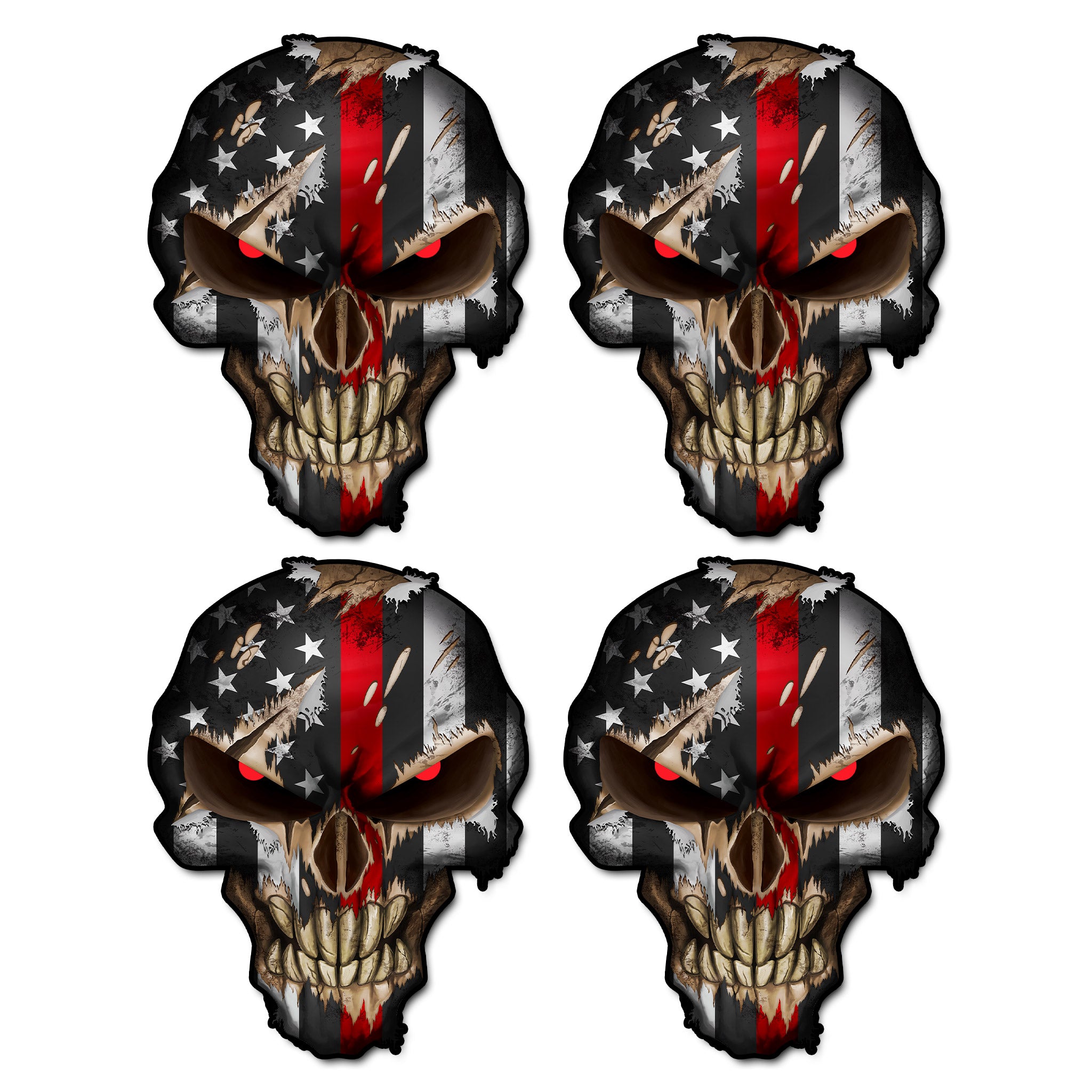 Sticker Pack - Thin Red Line Skull Small Pack of 4 Fire Fighters American Flag Vinyl Decal Sticker Car Truck