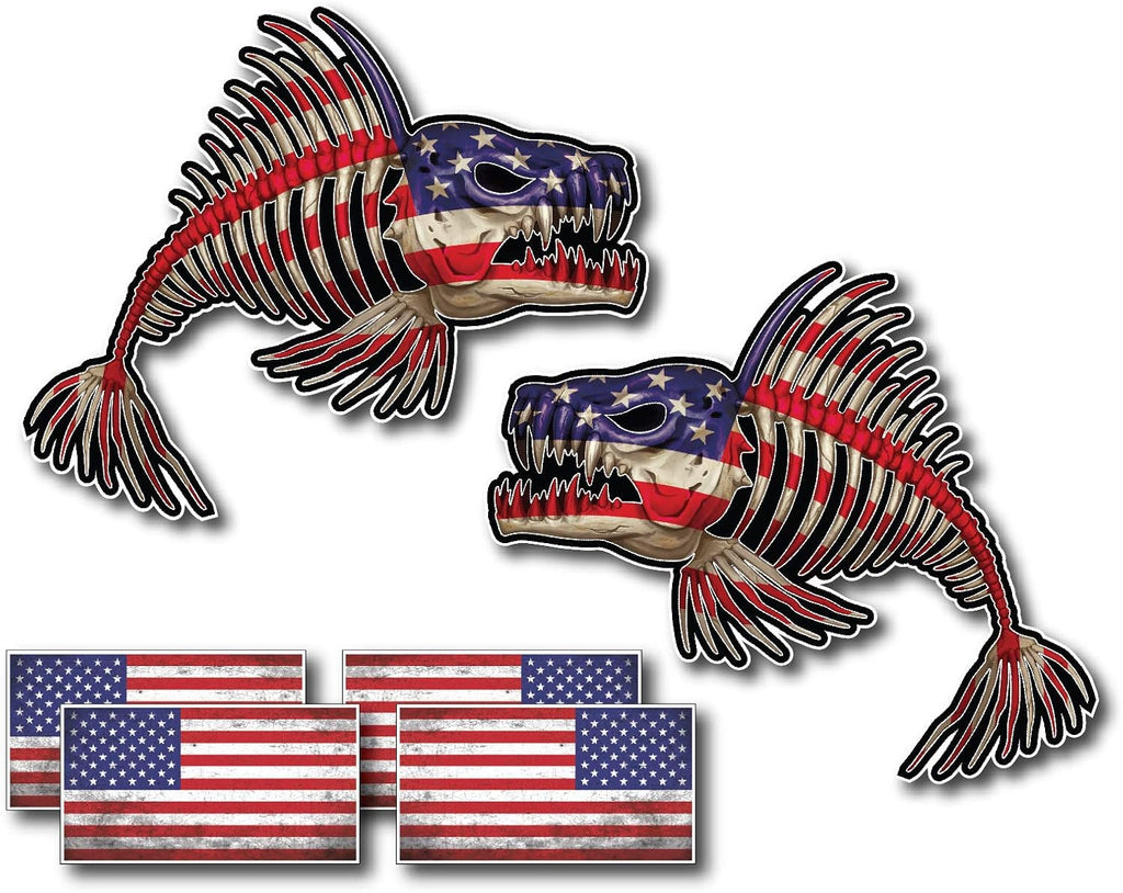 Pair of US Flag Bone Fish Skeleton and USA American Flag Decal Fishing Kayak Sticker Ourdoors Patriot Bass Graphic