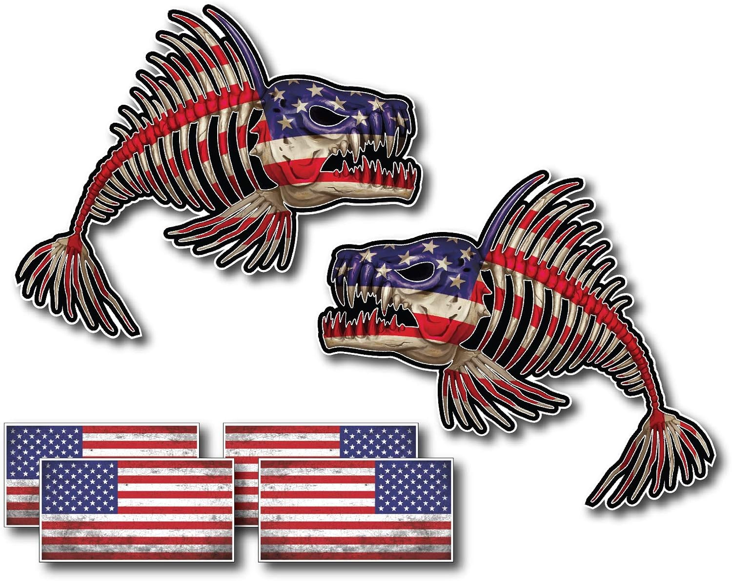 Pair of US Flag Bone Fish Skeleton and USA American Flag Decal Fishing Kayak Sticker Ourdoors Patriot Bass Graphic