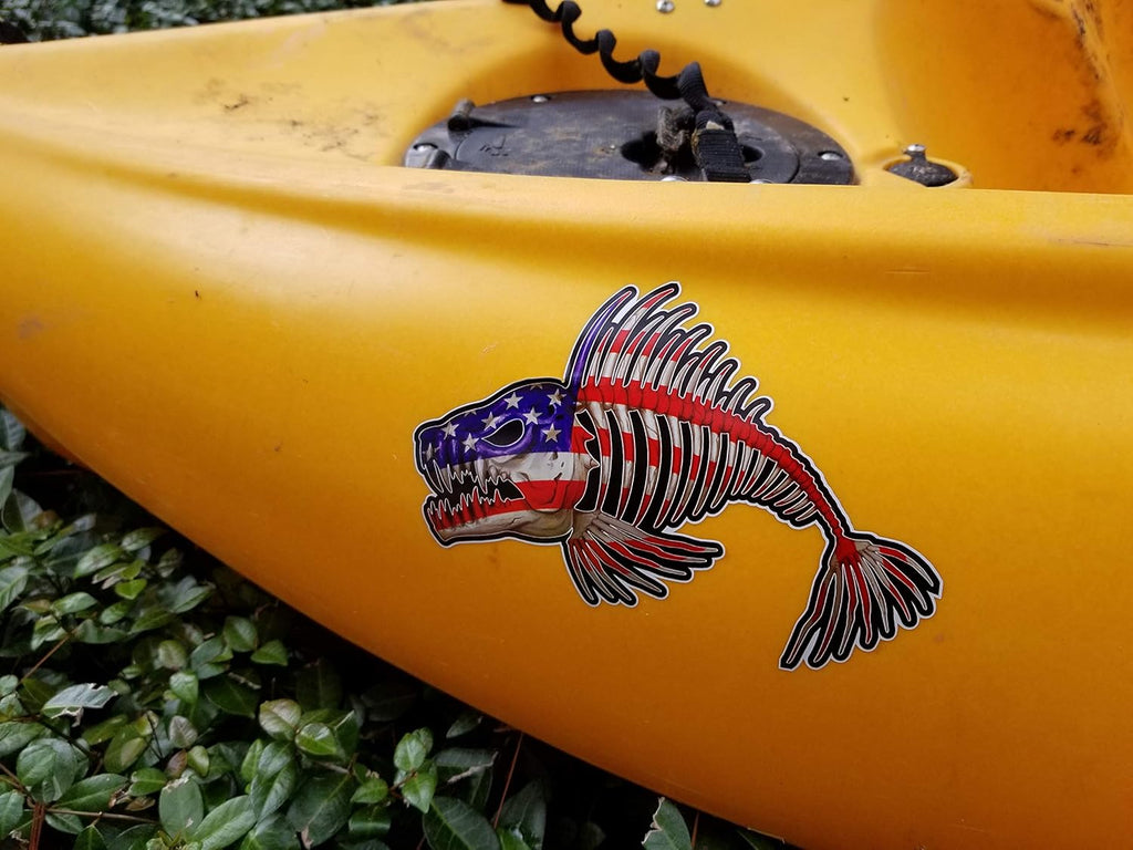 Pair of US Flag Bone Fish Skeleton and USA American Flag Decal Fishing Kayak Sticker Ourdoors Patriot Bass Graphic