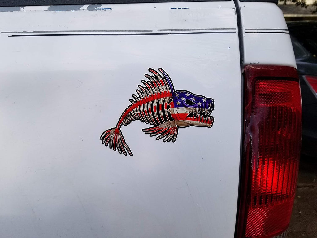 Pair of US Flag Bone Fish Skeleton and USA American Flag Decal Fishing Kayak Sticker Ourdoors Patriot Bass Graphic