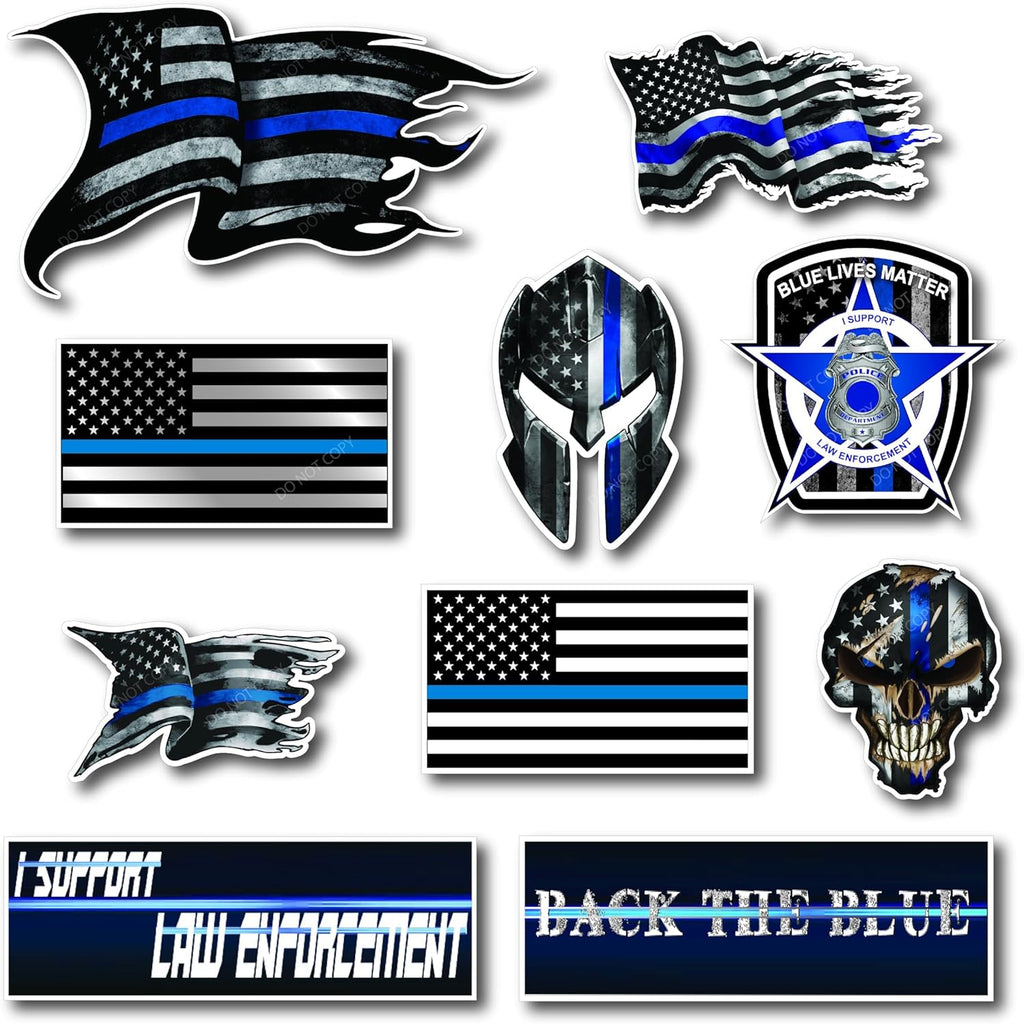 Small Mega Variety Pack of Thin Blue Line Skull Police Officer Blue Lives Matter American Flag Vinyl Decal Sticker Car Truck BLM(10 Pack)