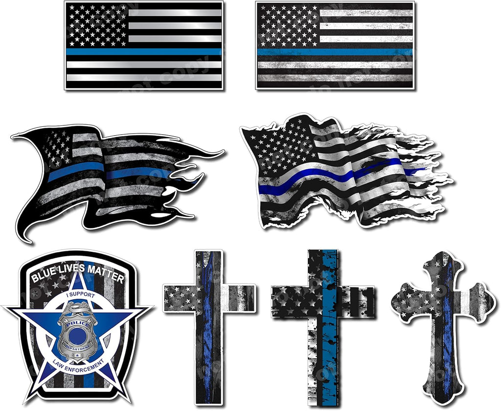 Mega Variety Pack of Thin Blue Line Police Officer Blue Lives Matter American Flag Vinyl Decal Sticker Car Truck BLM(8 Pack)