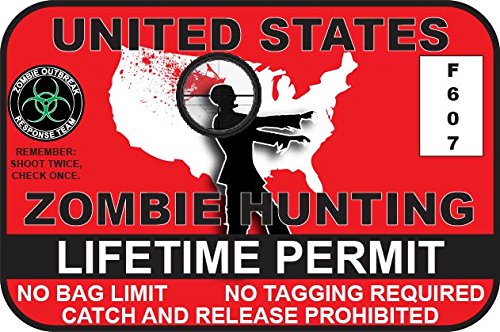 United States Lifetime Zombie Hunting Permit Funny Decal Bumper Sticker for Cars, Trucks, RVs, Windows, Vans, Peel and Stick to Any Clean, Smooth Surface!